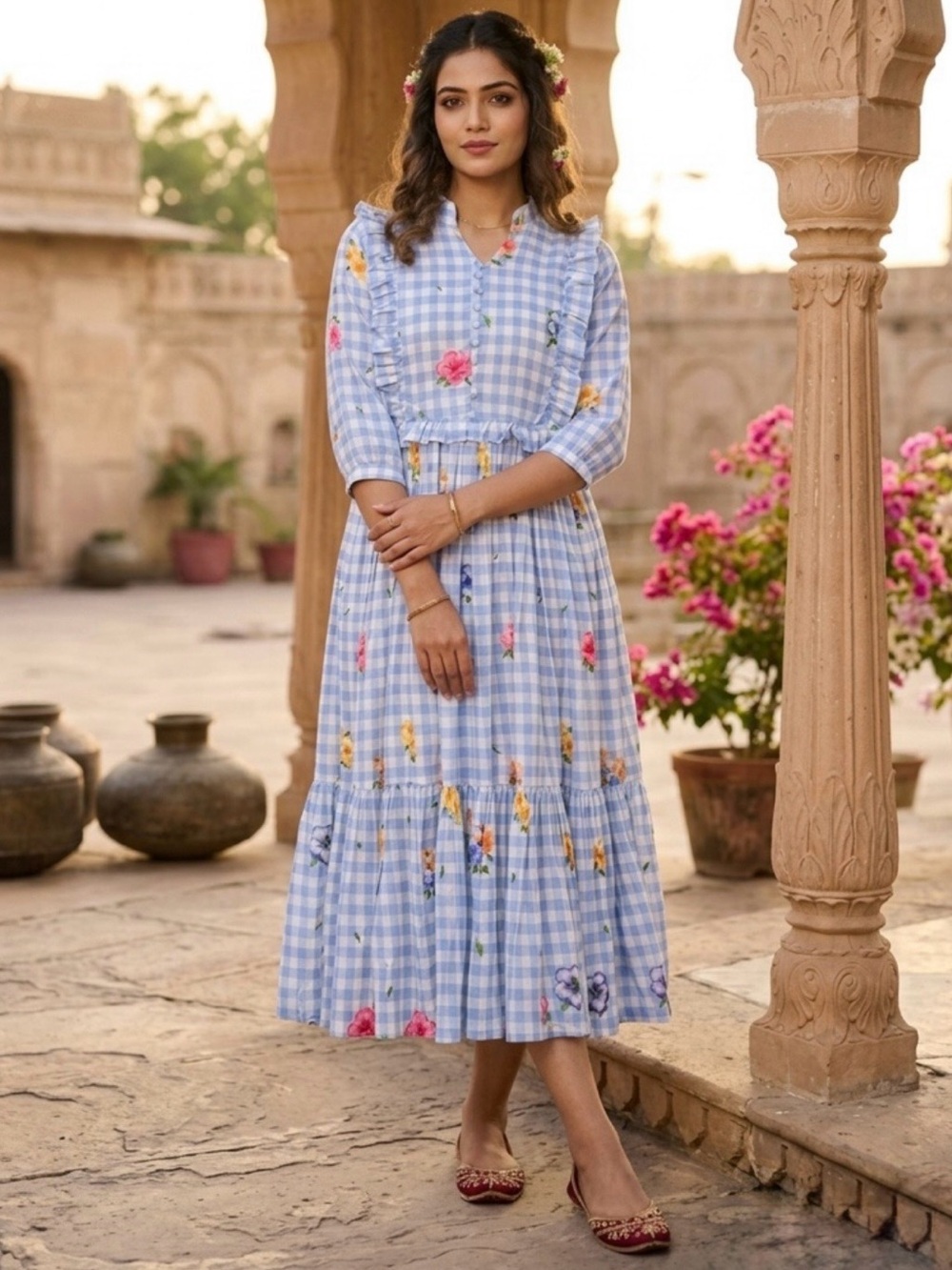 Light Blue Gingham Midi Dress with Floral Print - Picture 5 of 6